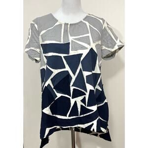 Jamie + The Jones Nashville Top Raw Silk Patchwork Geometric Gray Blue Women’s S